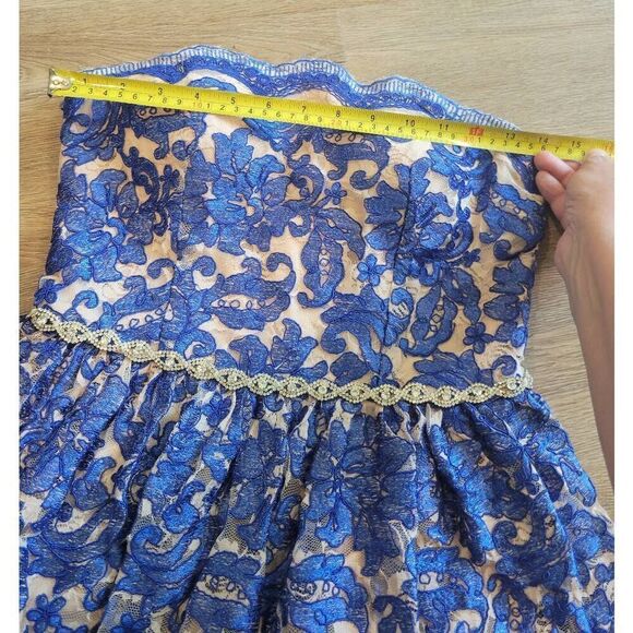 Lace dress formal size 7 Jodi Christopher  rhinestones blue strapless - Picture 4 of 14
